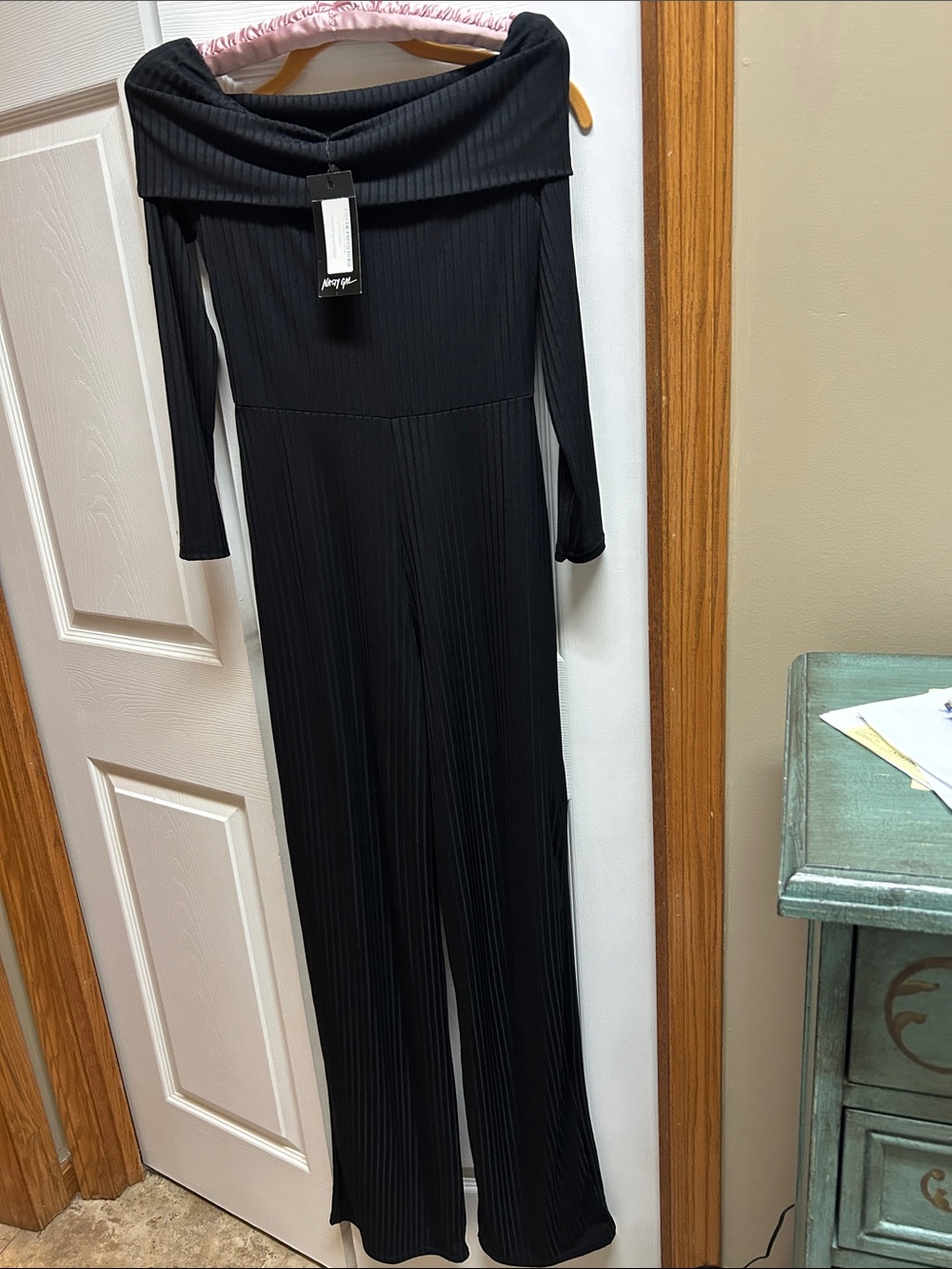 Nasty Gal Black Off-Shoulder Ribbed Wide-Leg Jumpsuit